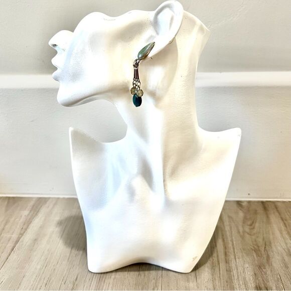 Vintage 90’s dangle earrings green enamel blue and crystal beading one of a kind - Picture 5 of 6